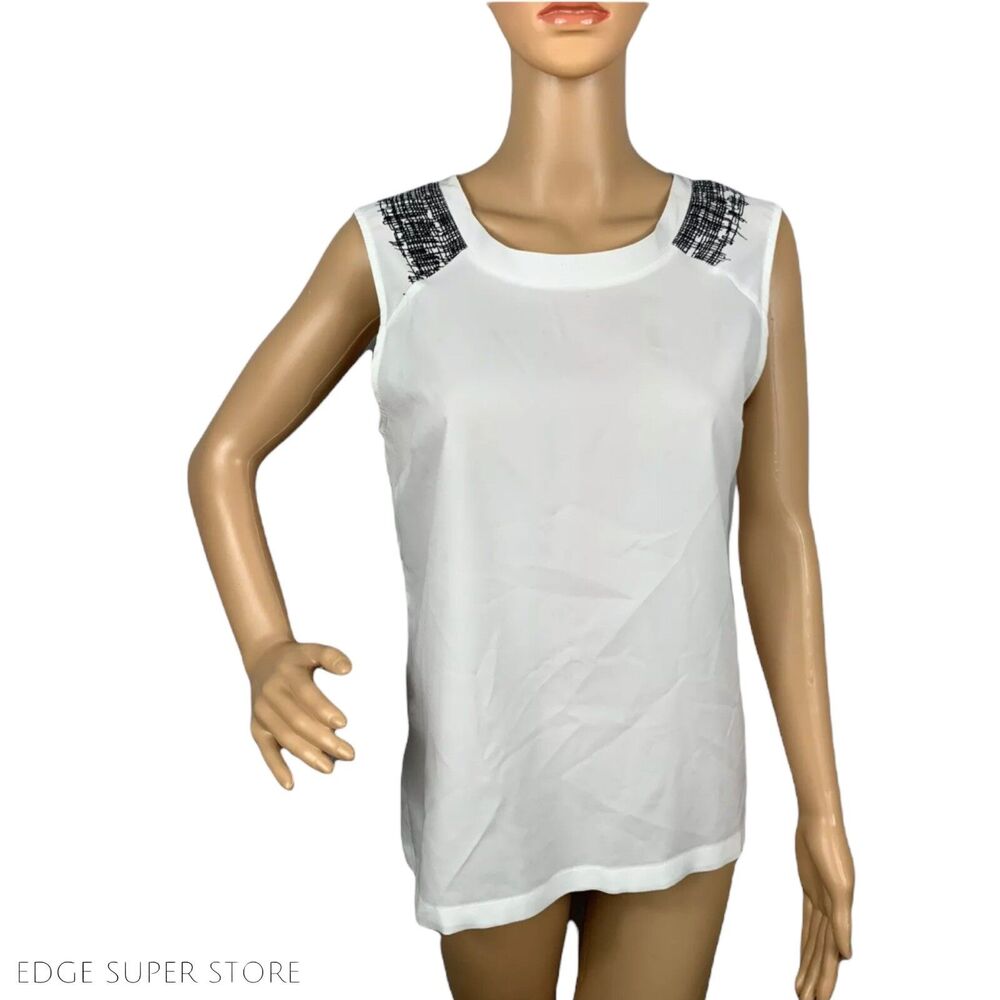 Dex 1963 White Black Tweed Print Shoulders Open Back Crew Neck Top Blouse Medium